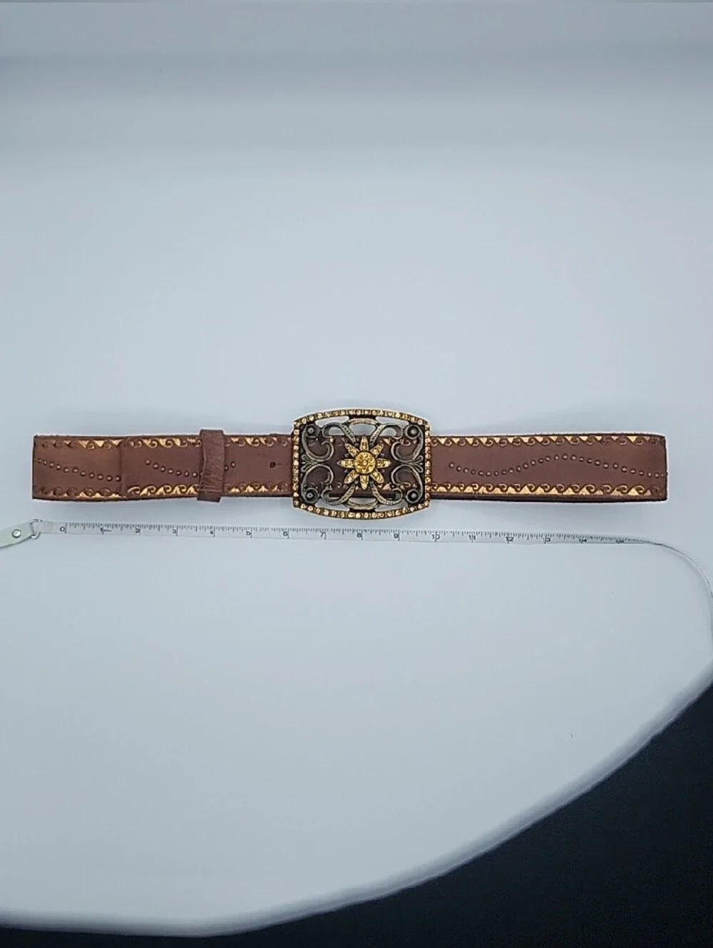 Vintage Brown Leather Western Belt with Ornate Gold-Tone Buckle